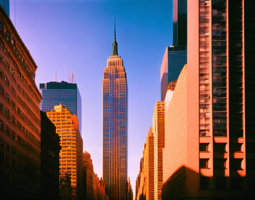 New York City skyline at sunset with Empire State Building and skyscrapers