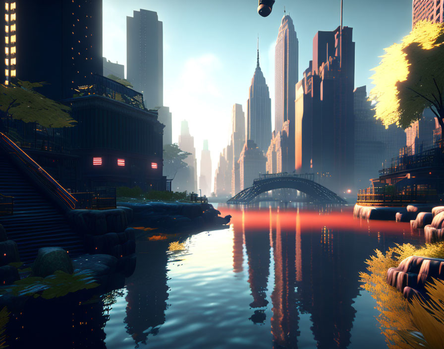 Orange-hued reflective water in futuristic cityscape with ambient lights