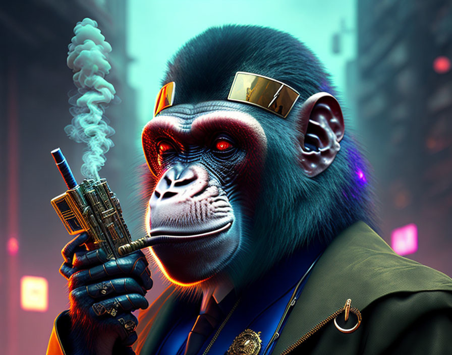 Cyberpunk gorilla with smoking and futuristic weapon in neon-lit city