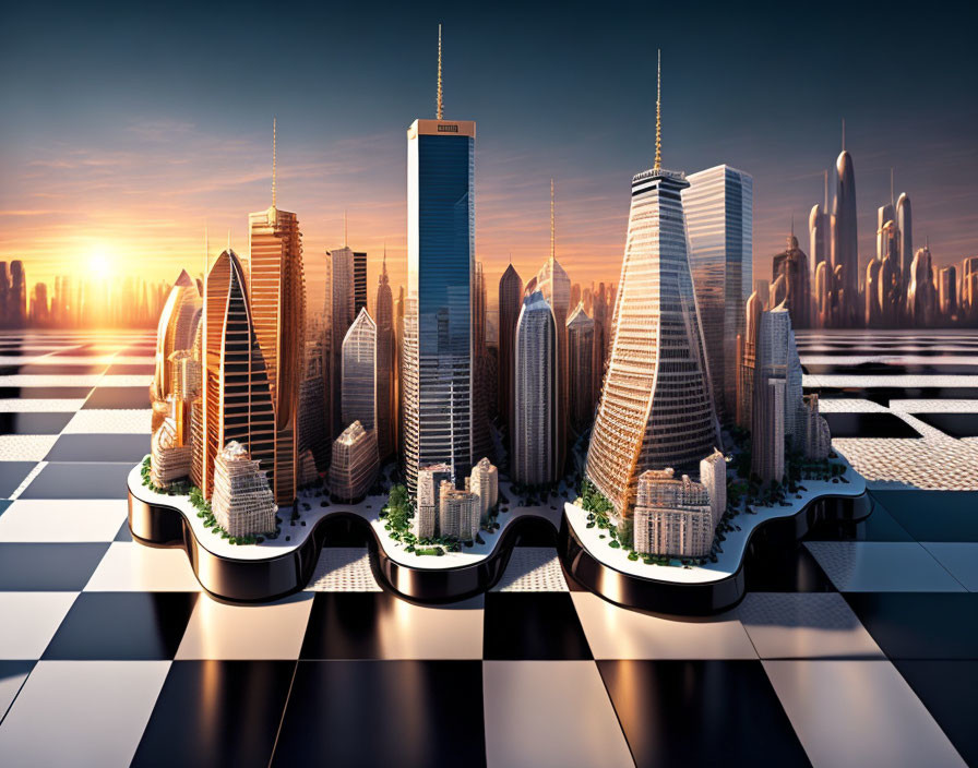 Futuristic cityscape with chessboard pattern floor at sunset