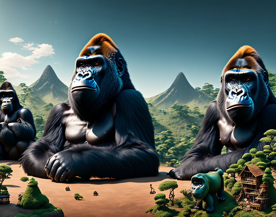 Three gorillas with blue facial markings in surreal landscape with mountains, hut, and human.