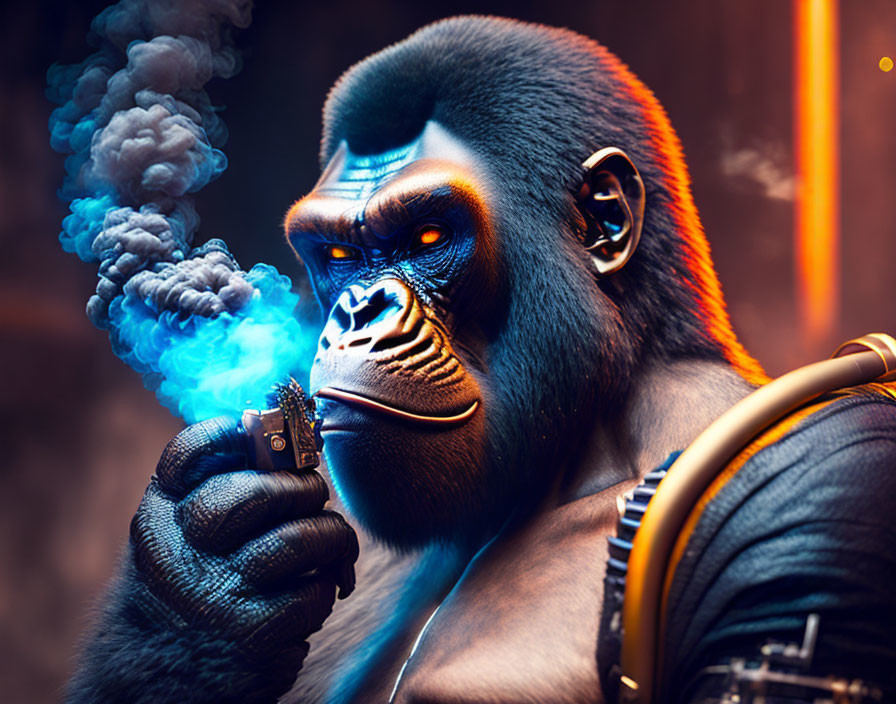 Stylized image: Gorilla with human-like features and lighter in moody setting