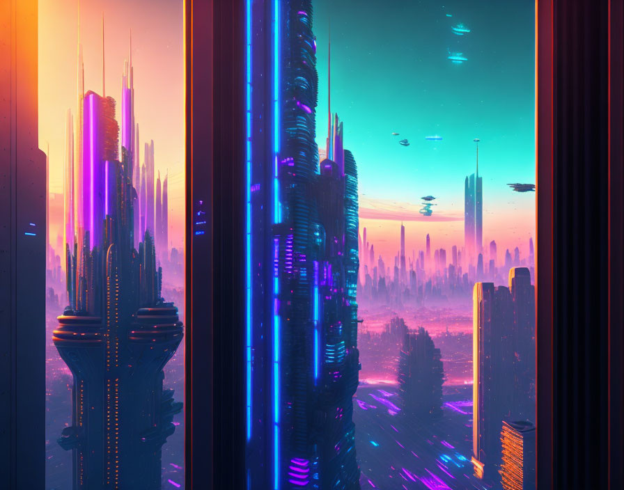 Futuristic cityscape with neon-lit skyscrapers and flying vehicles at dusk