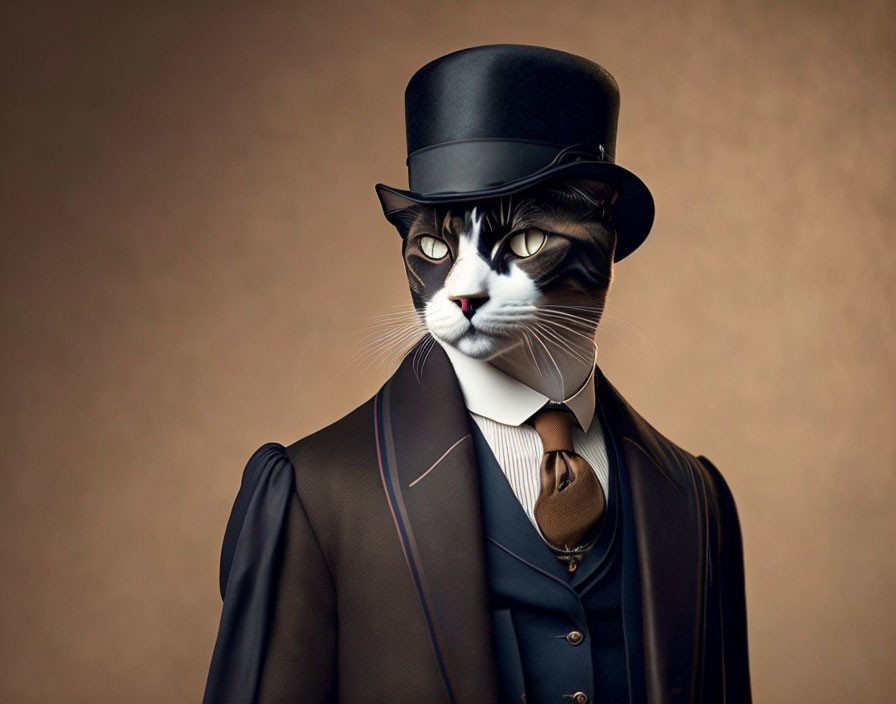 Sophisticated cat in formal suit and top hat on beige background