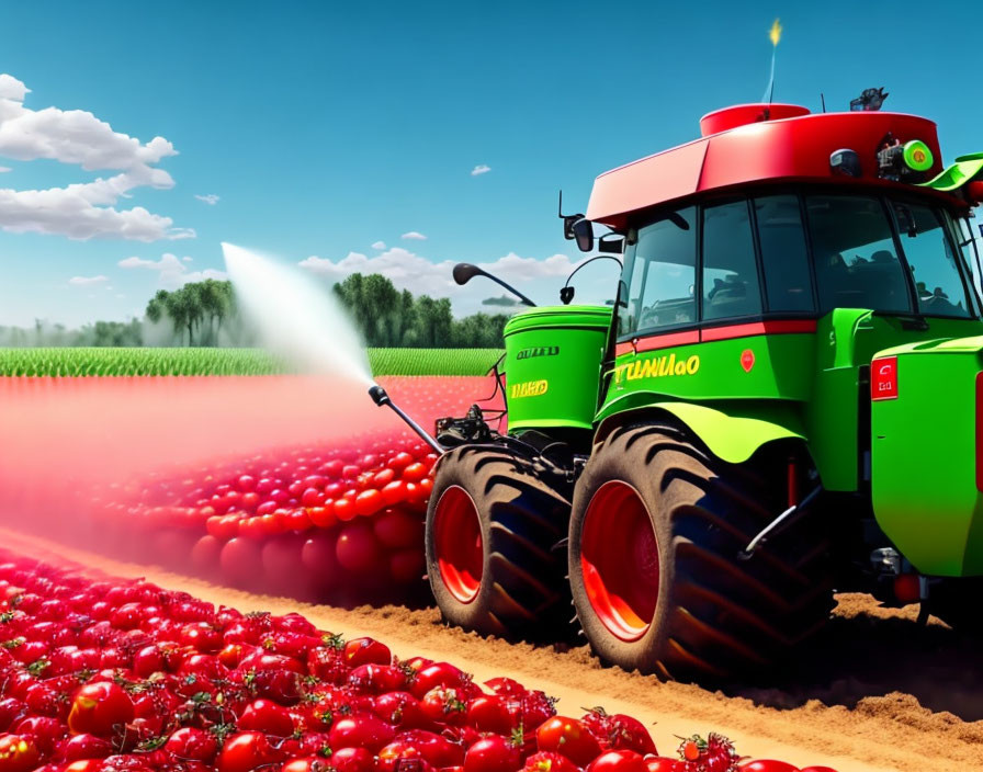 Colorful tractor spraying red substance on field under blue sky