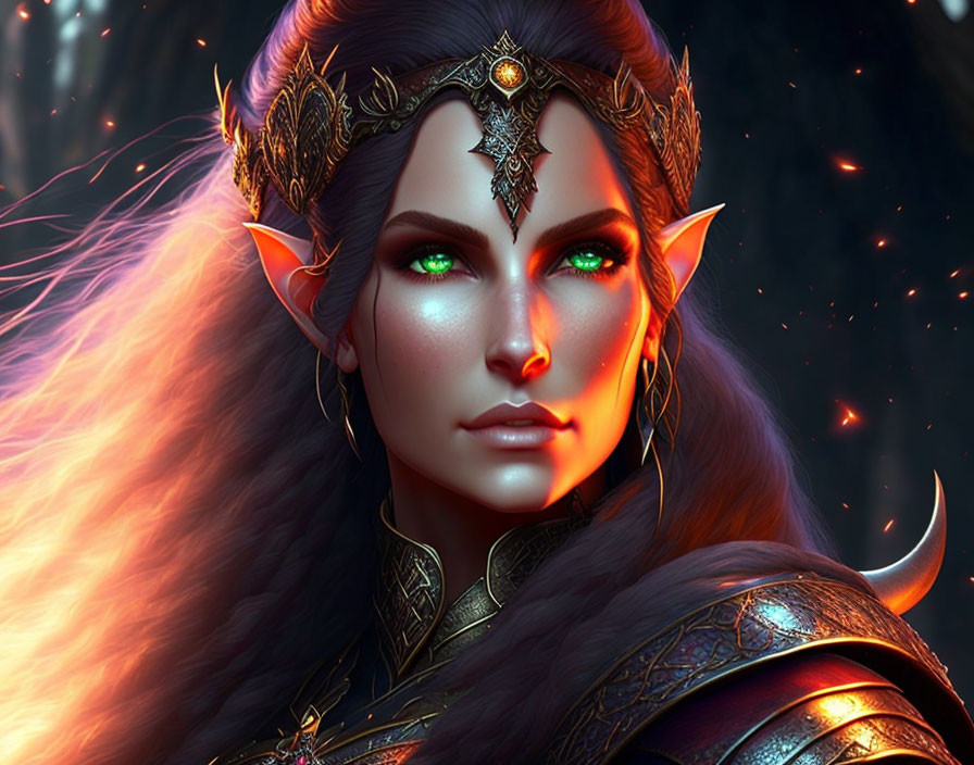 Female elf with glowing green eyes, ornate headpiece, armor, dark background, and floating em