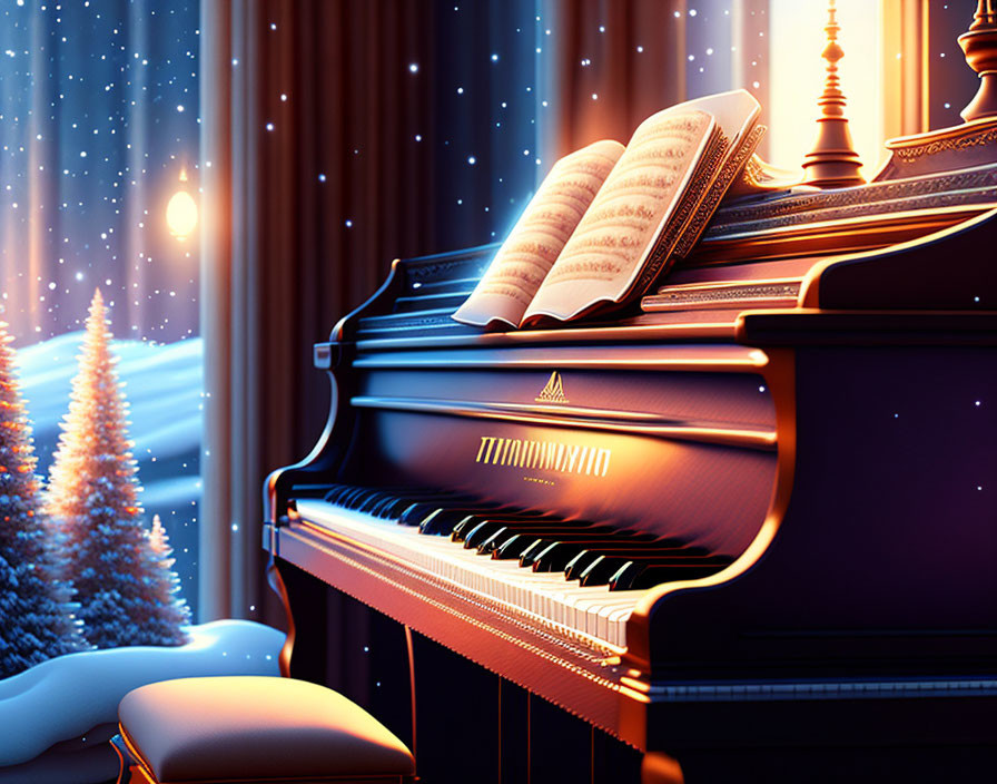 Open book on grand piano by window with snowflakes, pine trees, warm light, and moon