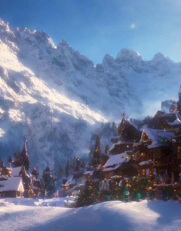 Snowy Mountain Village Glowing with Christmas Lights at Twilight