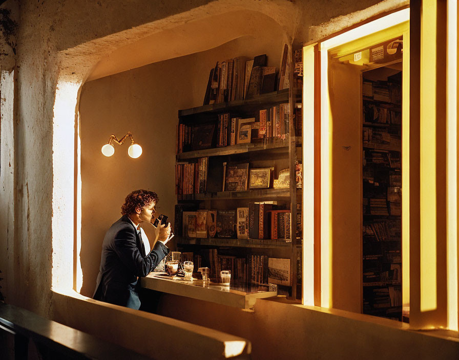 Person sipping drink at bar counter with bookshelves in warm light