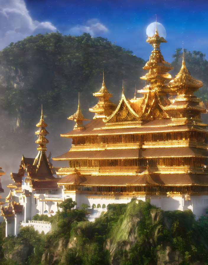 Sunlit Golden Pagodas and Temples in Lush Mountain Setting