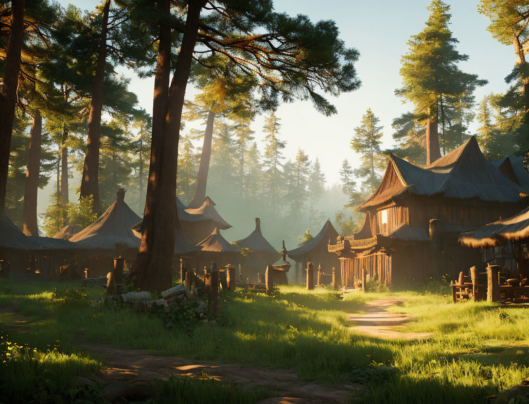 Peaceful village at sunrise with traditional thatched-roof houses in pine forest