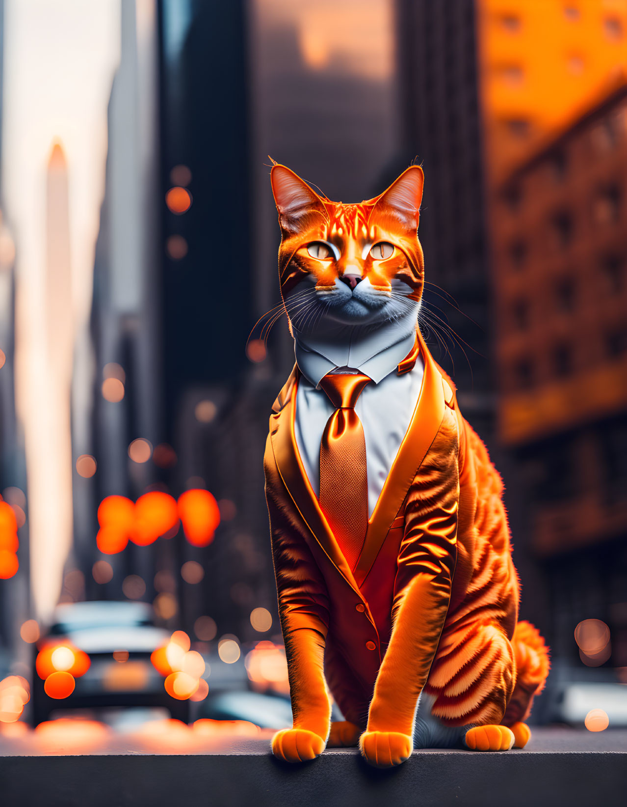 Cat with human body in orange suit against cityscape background.