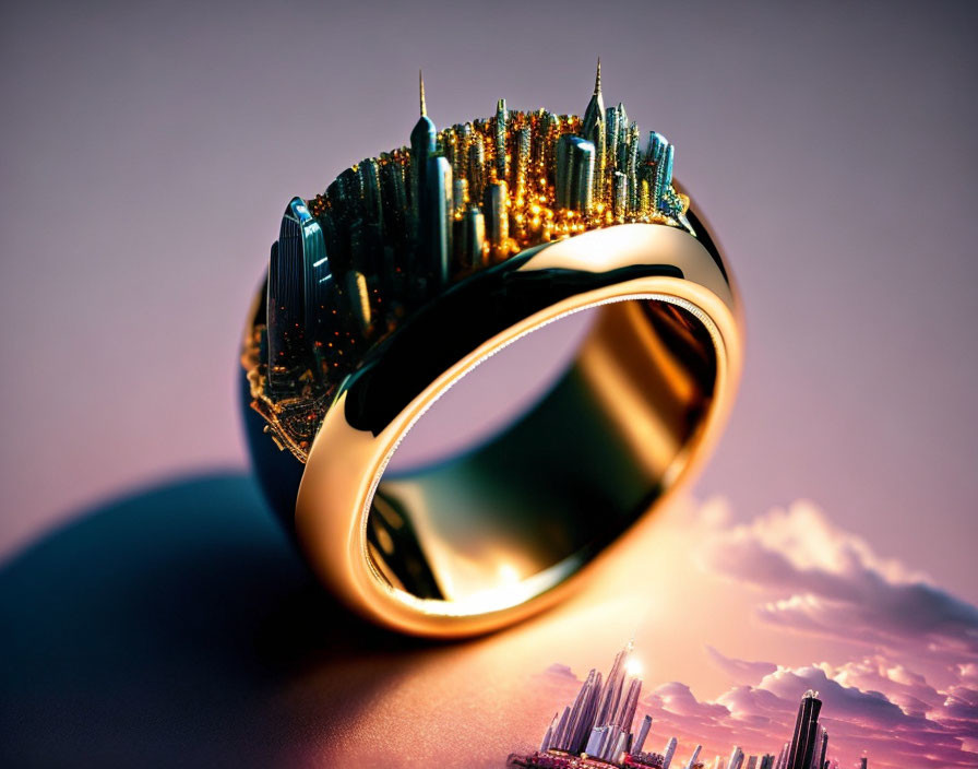 Cityscape Design Ring Featuring Sunset Sky Reflections