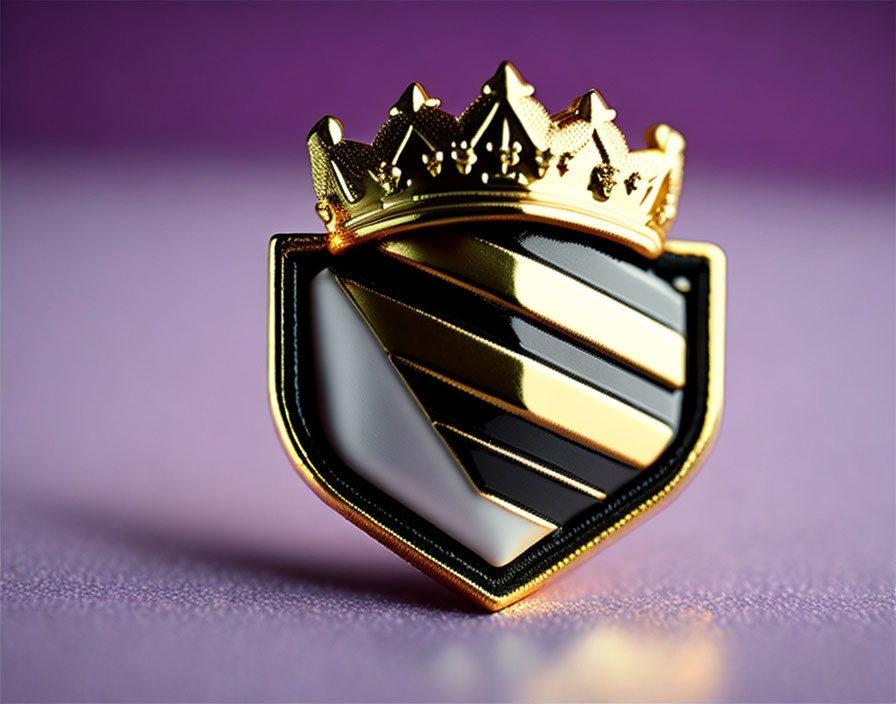 Golden Crowned Shield Emblem with Black and White Stripes on Purple Background