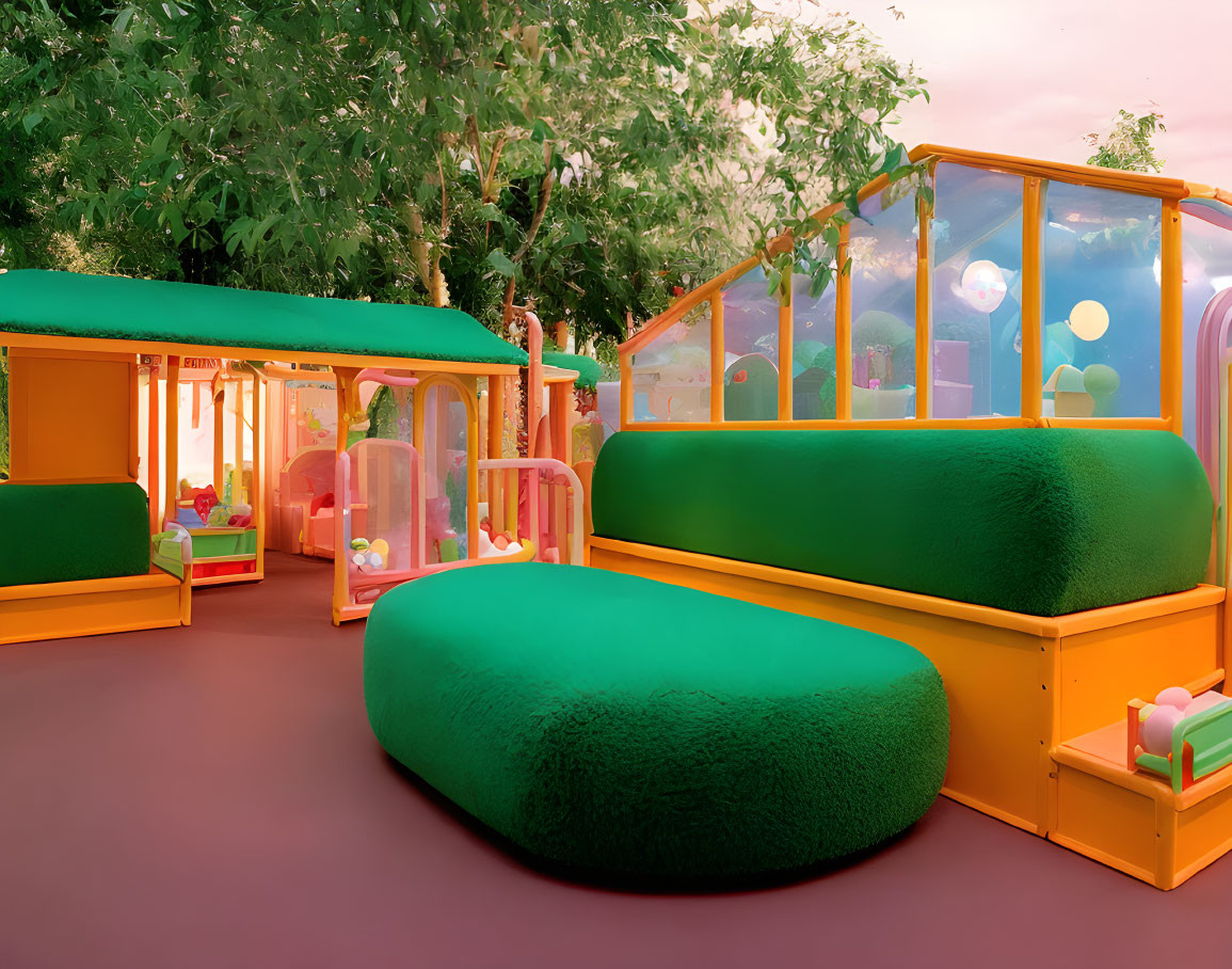 Vibrant Children's Playroom with Soft Play Shapes, Orange Structures, Bubble Windows, and Trees