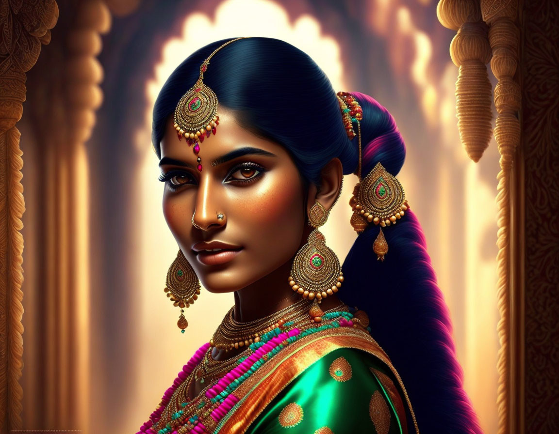 Traditional Indian jewelry and attire illustration with gold earrings and green blouse