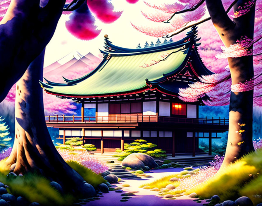 Traditional Japanese house surrounded by cherry blossoms and mountains in twilight