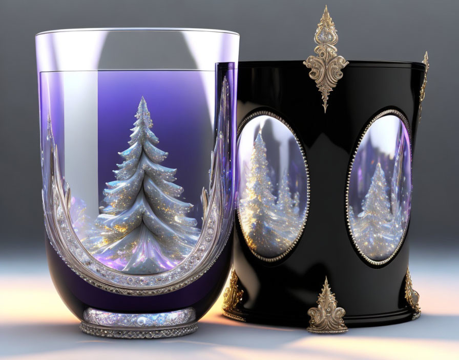 Luxurious Decorative Candle Holders: Transparent Purple and Black with Golden Embellishments