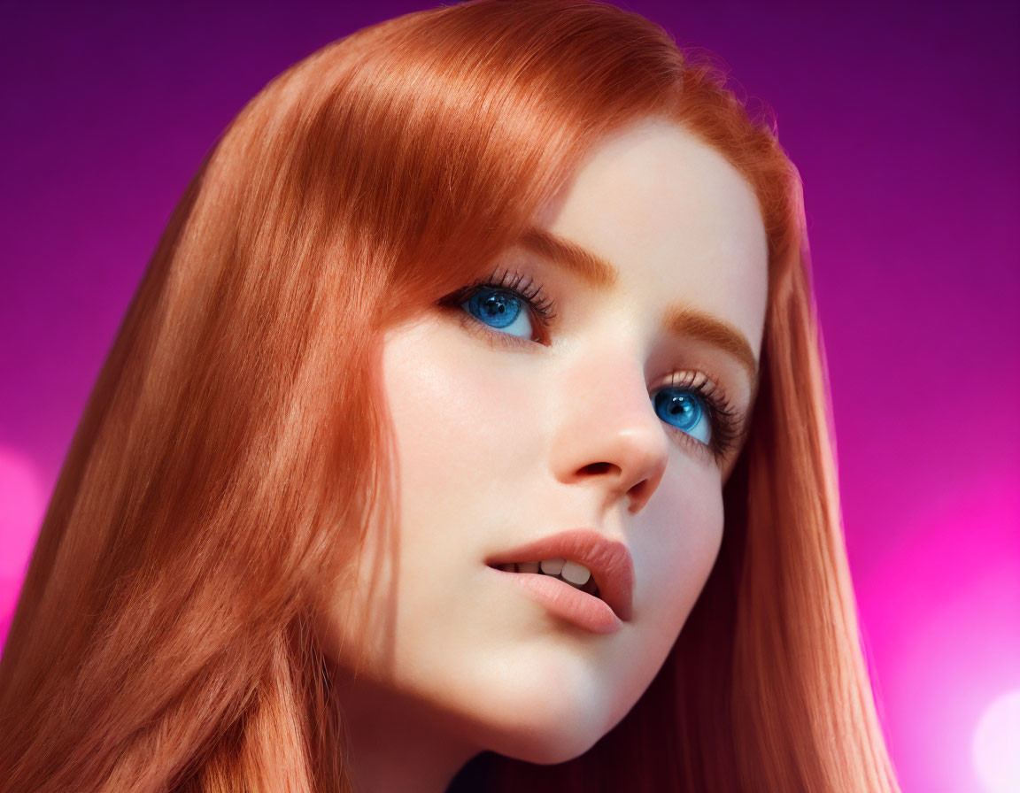 Vibrant red-haired woman with blue eyes on purple background