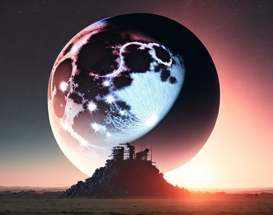 Large planet hovers over futuristic structures at twilight