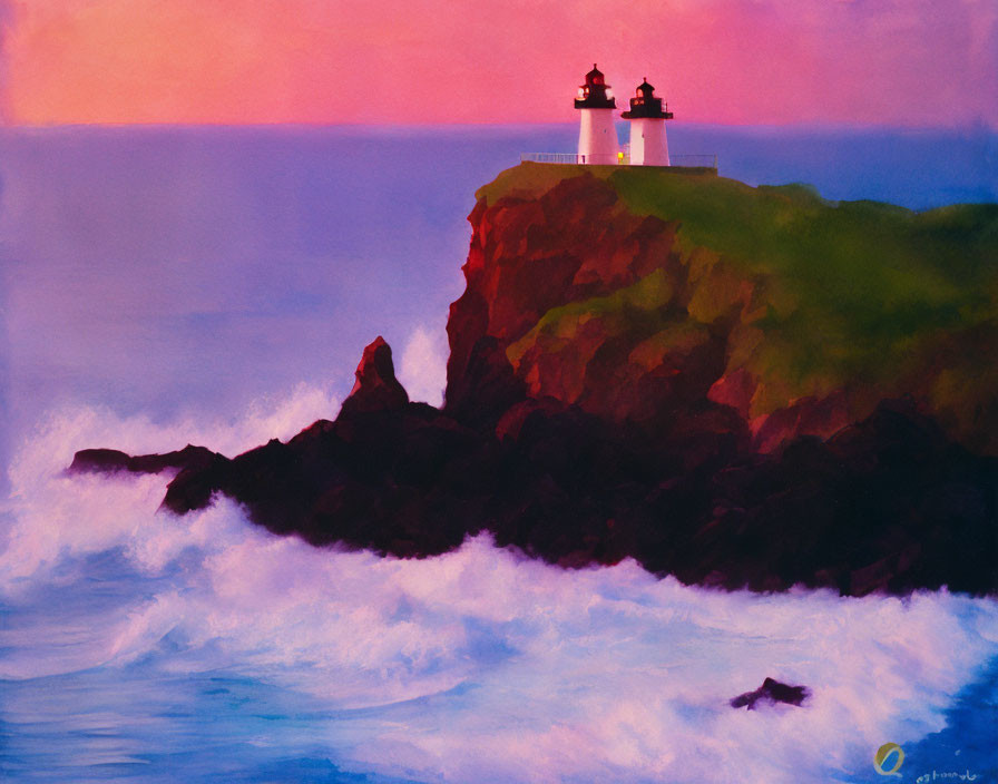 Colorful sunset painting: Lighthouse on cliff with crashing waves