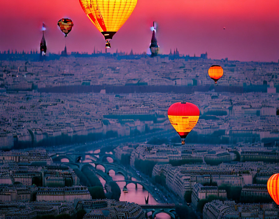 Colorful sunset cityscape with floating hot air balloons