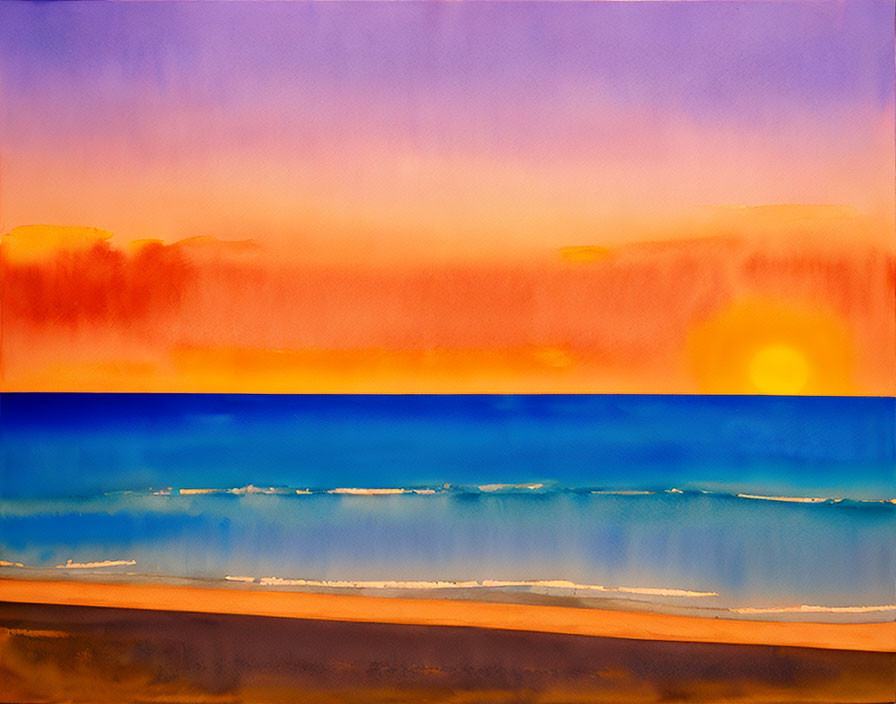 Vibrant sunset beach scene with gradient sky and golden sun above blue sea