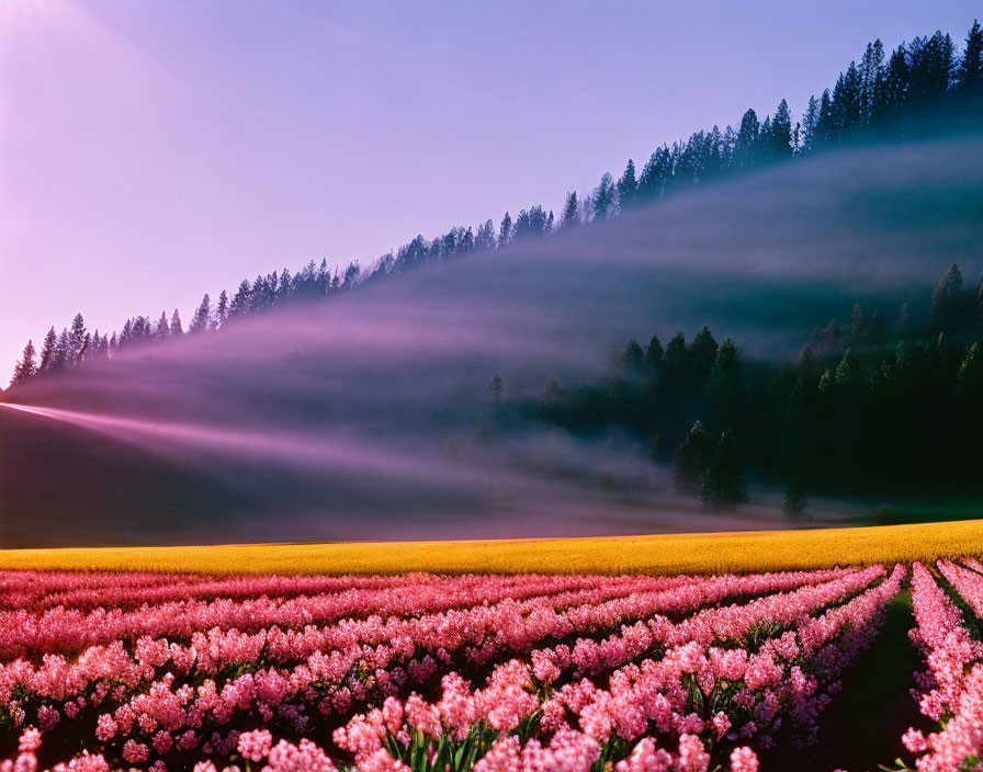 Pink tulips in vibrant field with misty hillside under twilight sky