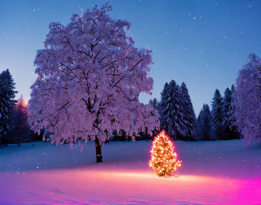 Snow-covered tree and illuminated Christmas tree in twilight snowscape