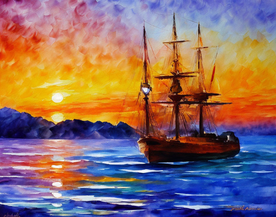 Sailing ship watercolor painting: tranquil sunset seascape in vivid hues