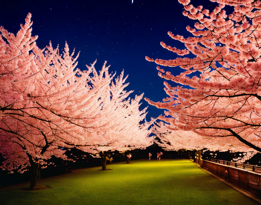 Nighttime cherry blossoms in full bloom under starry sky with illuminated path and silhouettes.