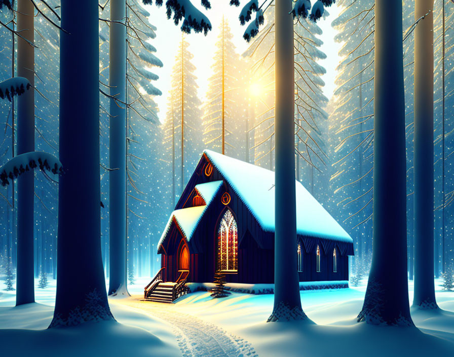 Snowy forest cabin in sunlight with tall pine trees