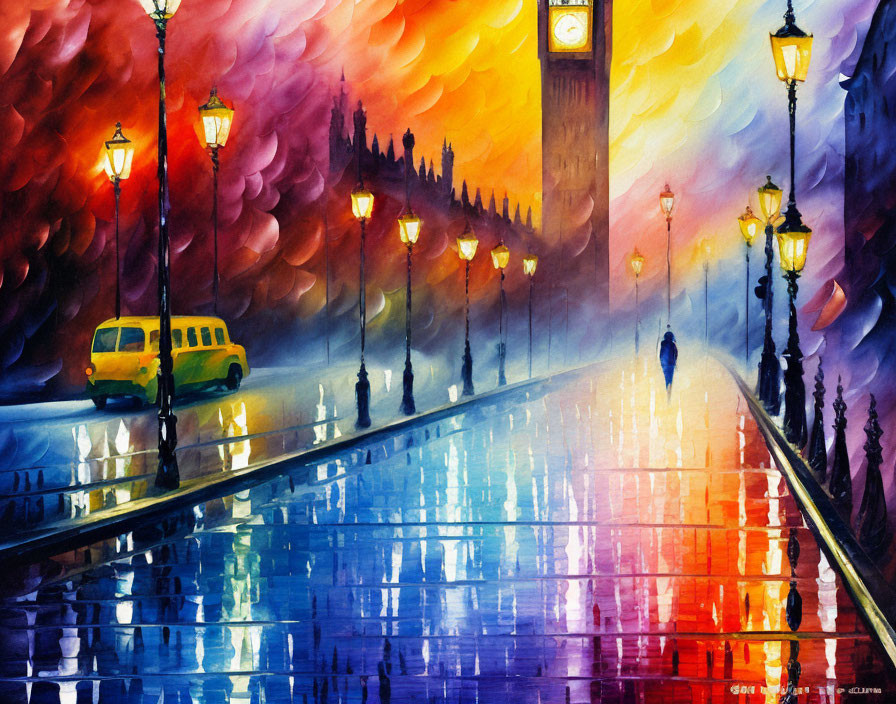 Colorful watercolor painting of wet street at dusk with silhouettes, lampposts,