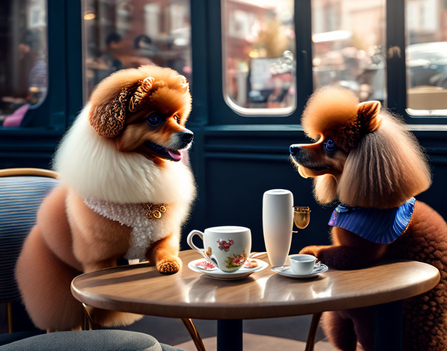 Stylized dogs with human-like features at café table with tea cups