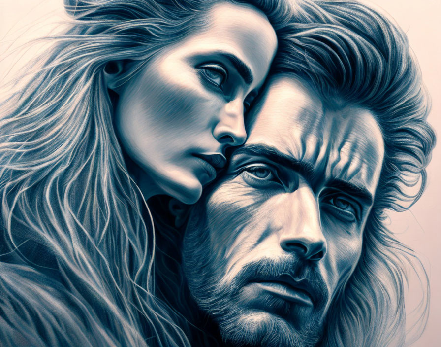 Intense gaze man and woman illustration in blue monochrome