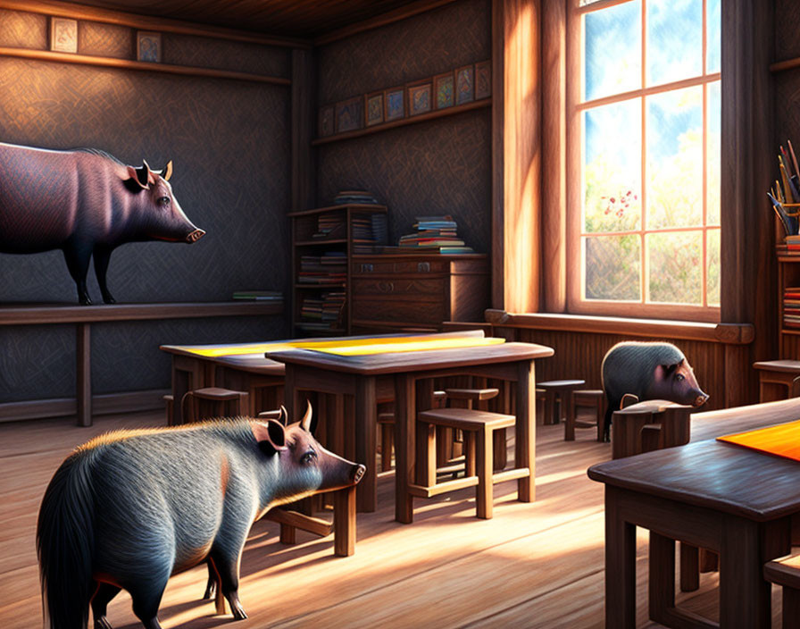 Classroom illustration with wooden desks and pigs as students