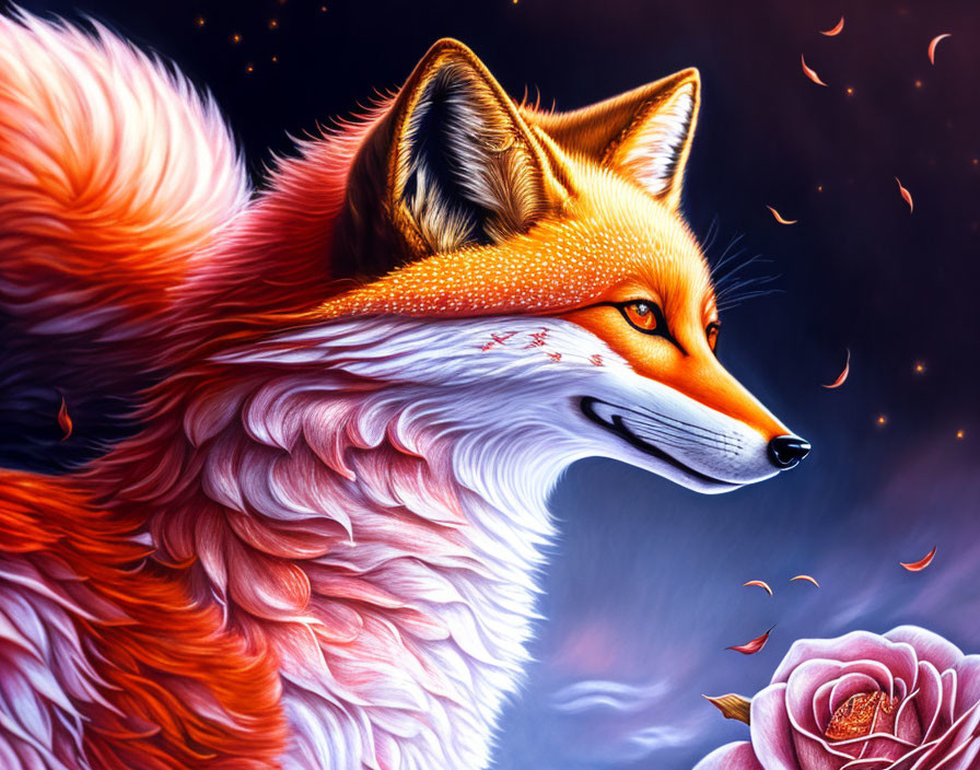 Vibrant fox illustration with orange and white coat on night sky backdrop