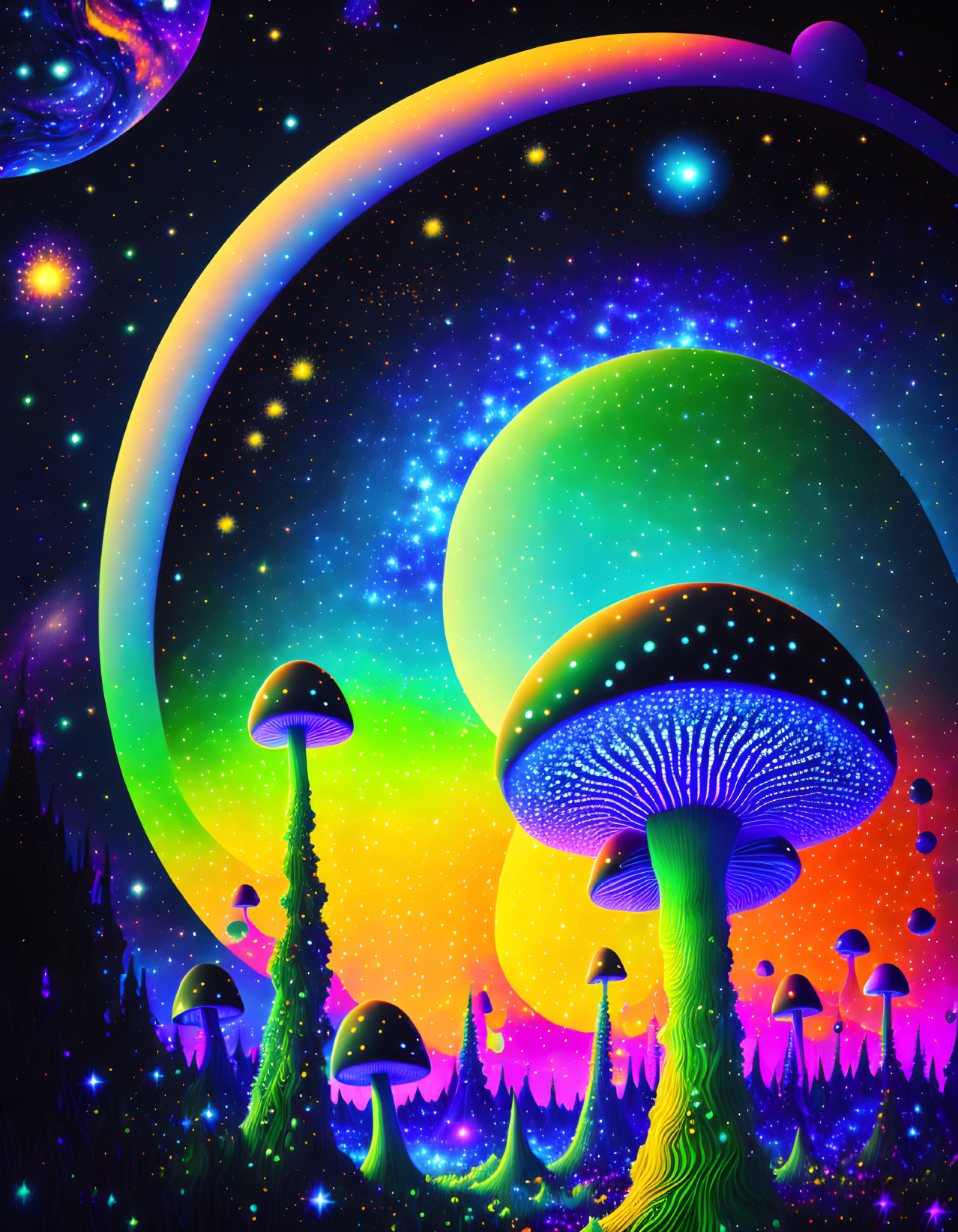 Colorful Psychedelic Landscape with Neon Mushrooms and Cosmic Elements