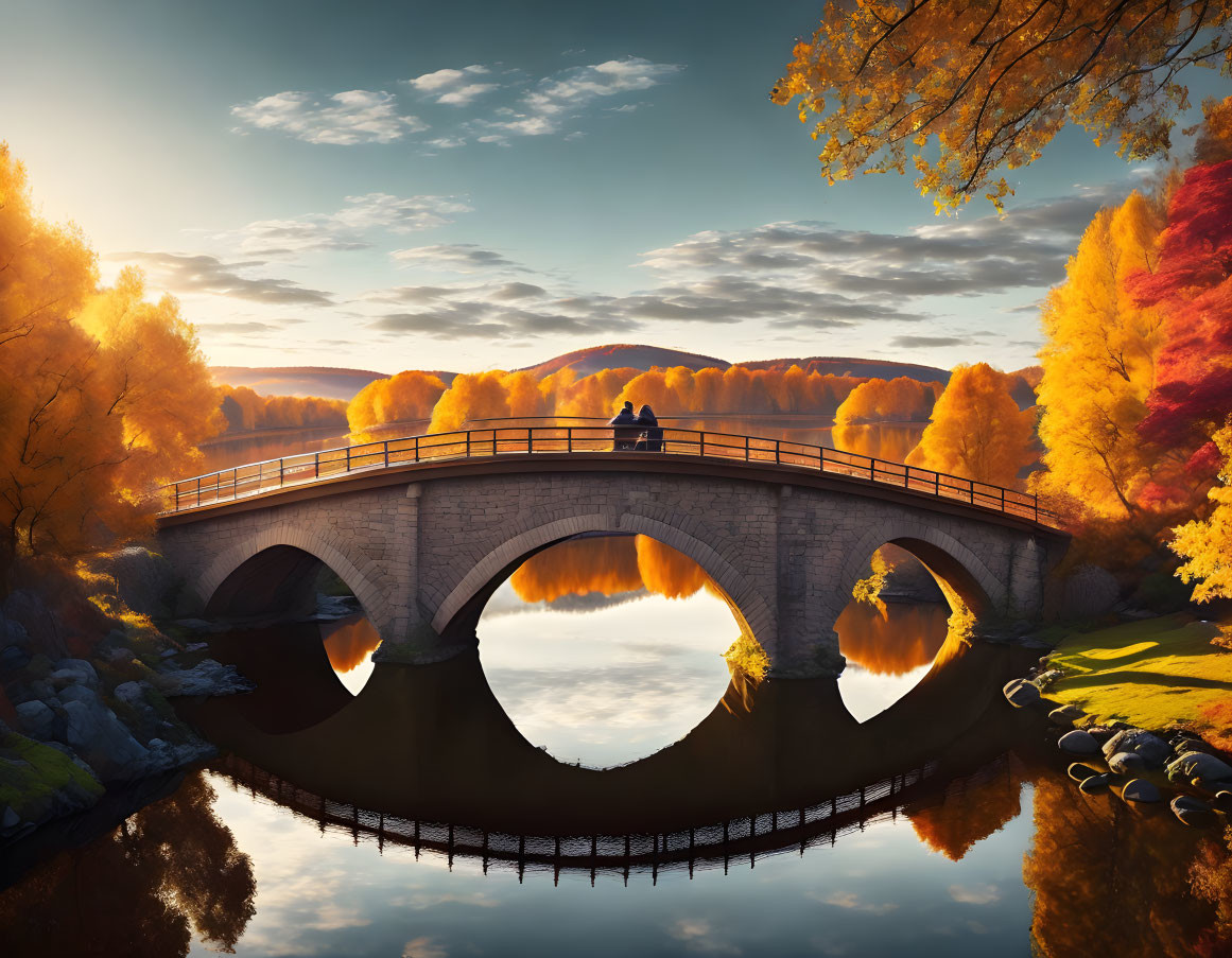 Autumn scene: Two people on stone bridge under sunset sky