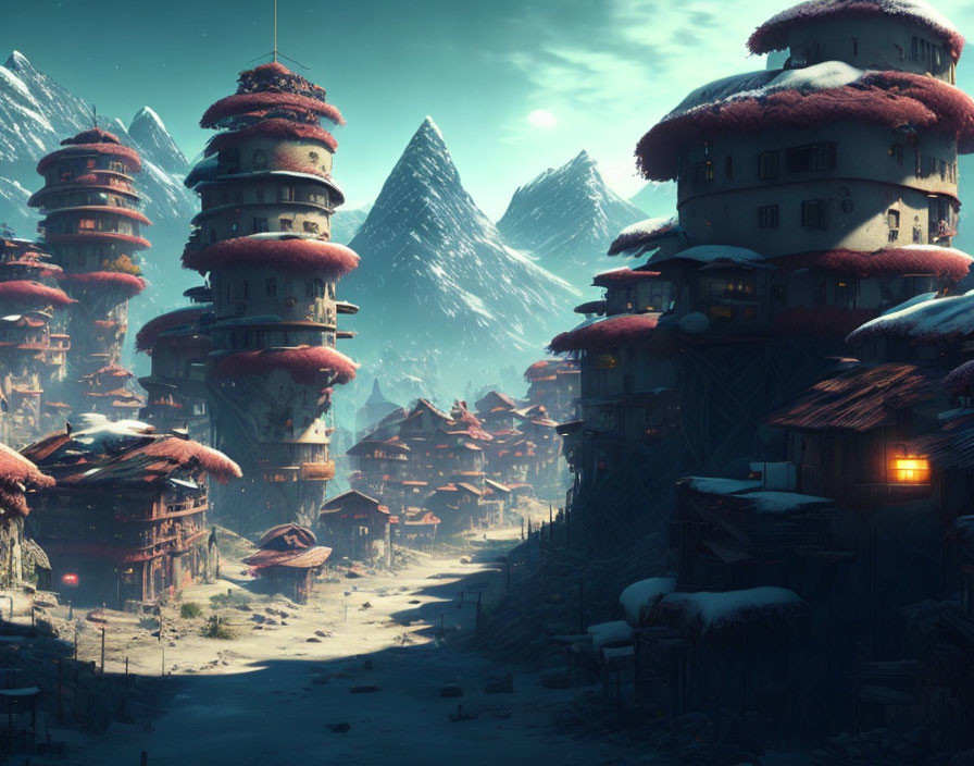 Snow-covered fantasy village with pagoda-style buildings in mountain backdrop at twilight