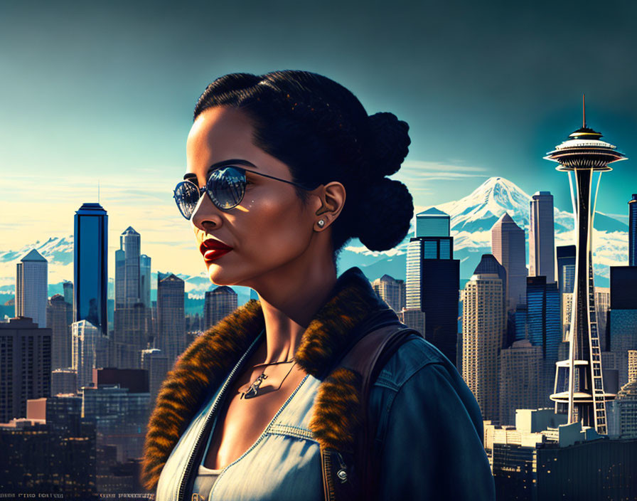 Woman with sunglasses and bun hairstyle in cityscape with mountains and tower.