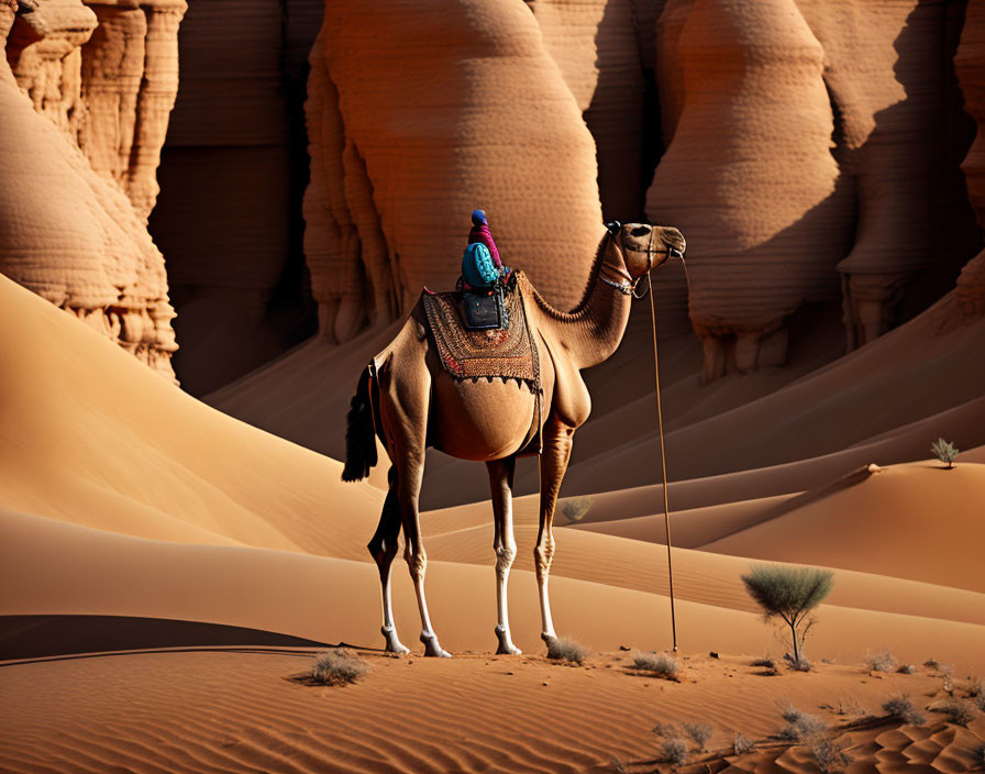 Camel with rider in sandy desert landscape with towering dunes