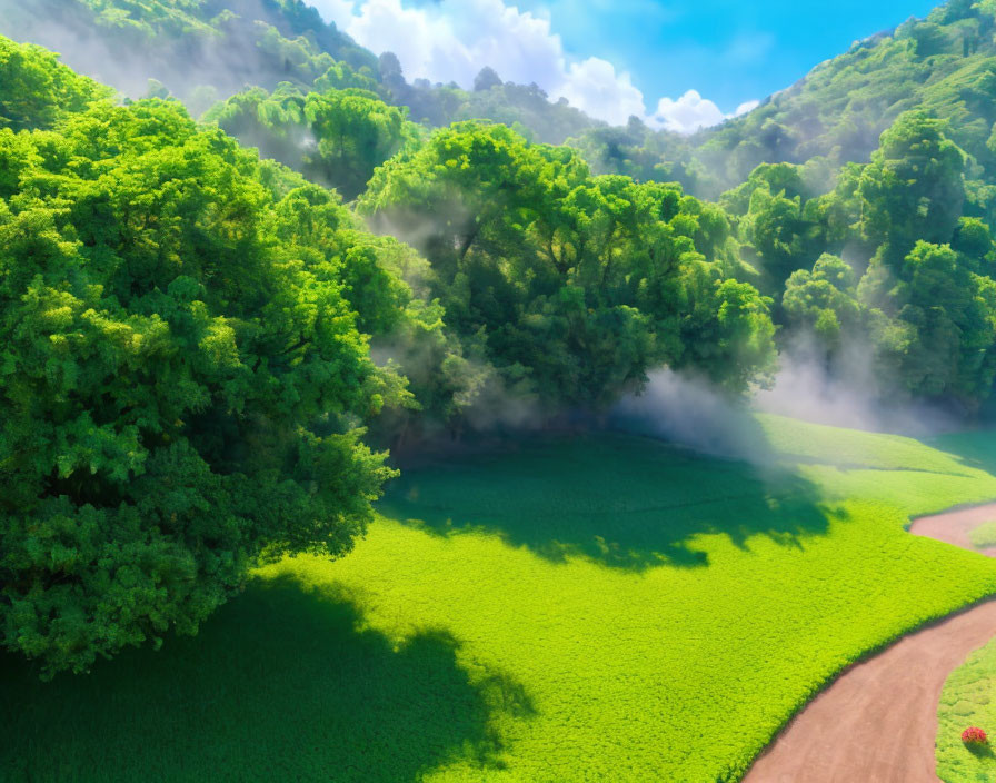 Serene landscape: green path, trees, fog, hills, clear sky