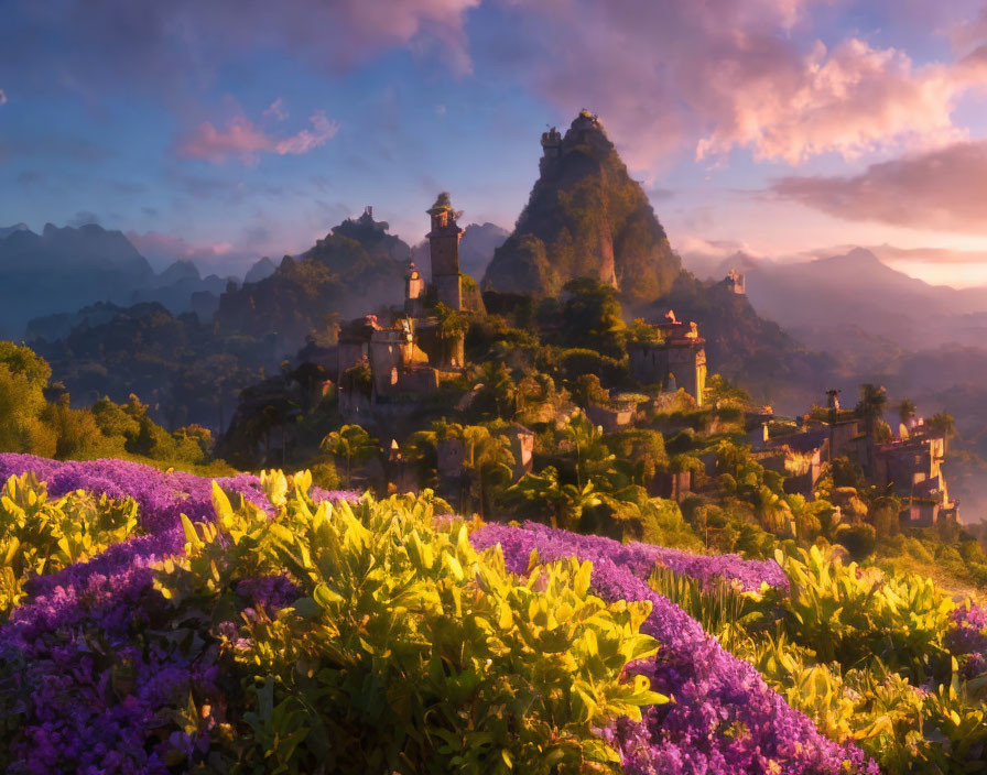 Fantasy landscape with castle, mountains, sunrise, and purple flowers