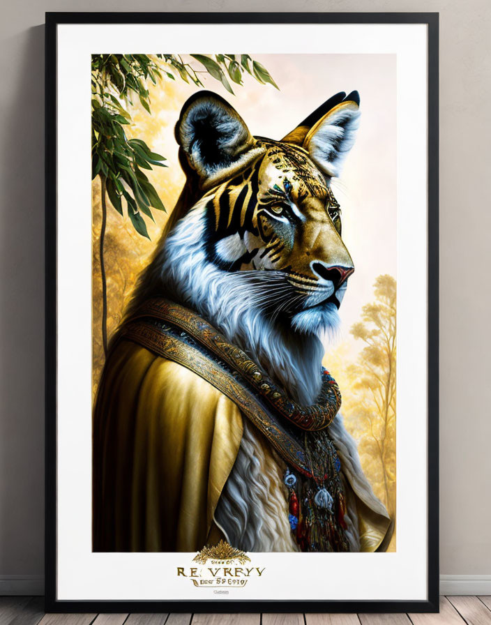 Regal anthropomorphic tiger portrait in elegant attire on wall