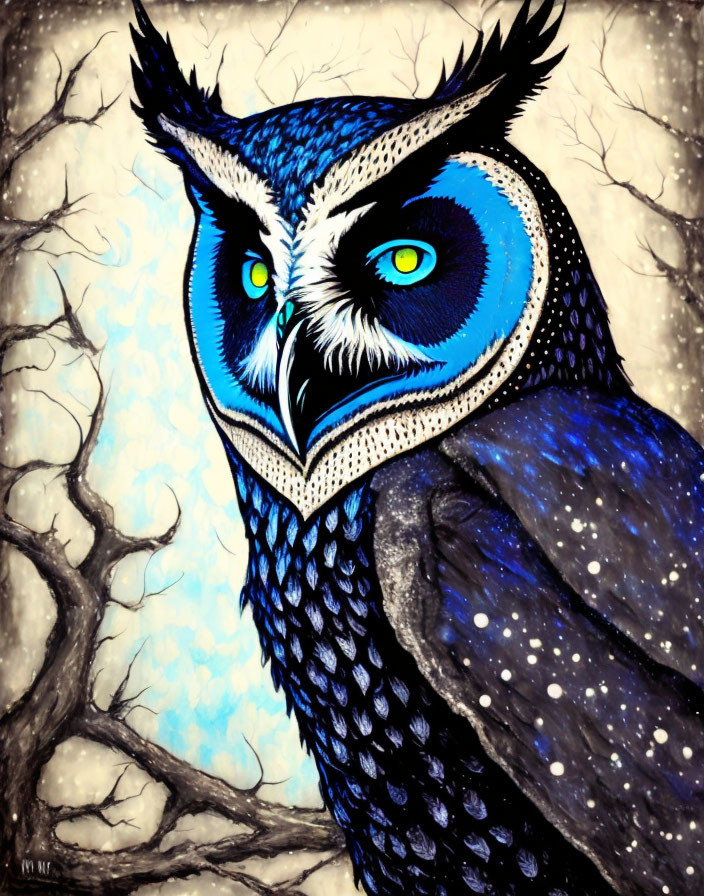 Colorful owl painting with green eyes and intricate patterns on a winter tree backdrop