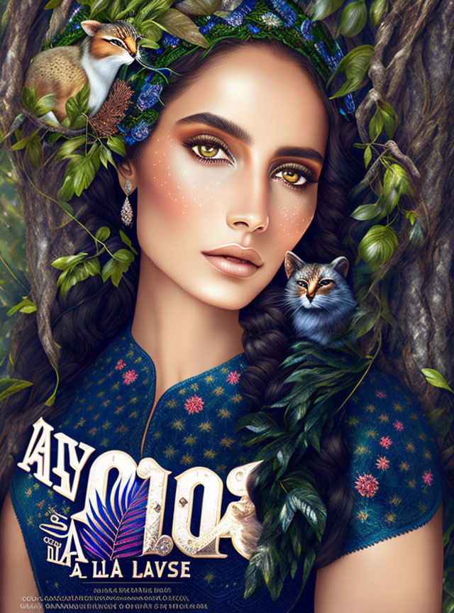 Digital Artwork: Woman with Greenery and Sleeping Cats in Hair