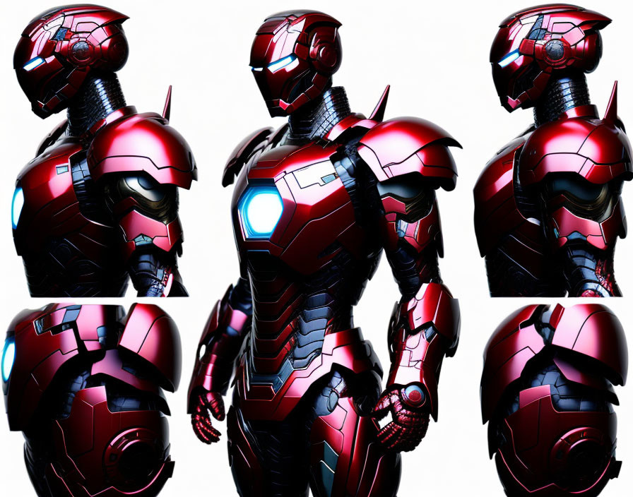 Six Images of Red and Silver Armored Suit with Glowing Blue Chest Piece