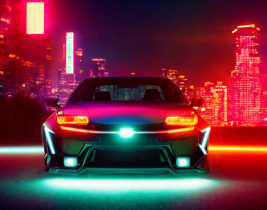 Vibrant cityscape night scene with neon-lit sports car