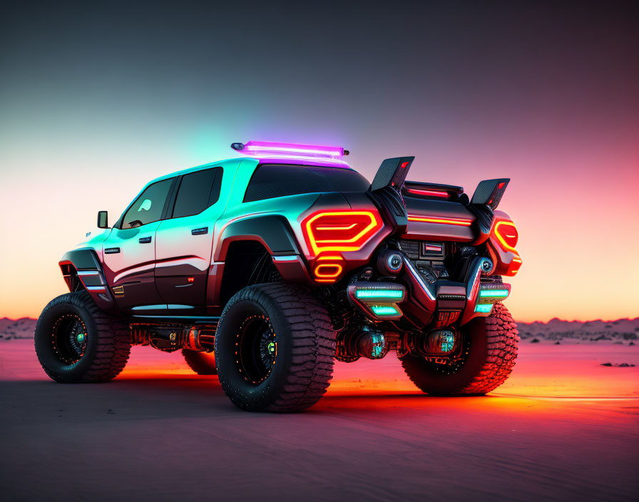 Futuristic Neon-Lit Truck in Desert Dusk with Off-Road Tires